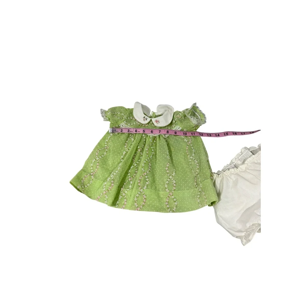 Handmade Baby Doll Outfit‎ Green Swiss Dot Floral Dress Slip Bloomers 3pc Set